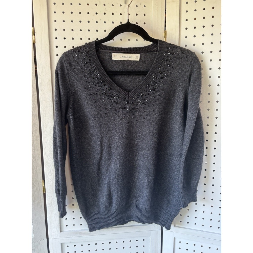 Zara Knit Beaded V Neck Nylon Angora Blend‎ Pullover Sweater Women's M Gray